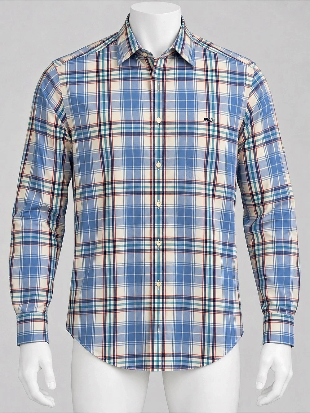 Vineyard Vines Slim Fit Whale Shirt Plaid Cotton Shirt in Blue & White Size